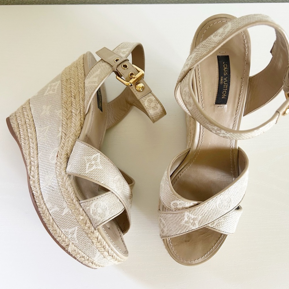 Louis Vuitton Beige Monogram Canvas Espadrille Ankle Strap Wedges Size EU 40 - Picture 3 of 16